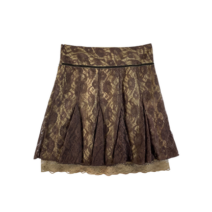 Digg It Thrift & Vintage brown floral lace pleated mini skirt with tiered hem and side zipper closure