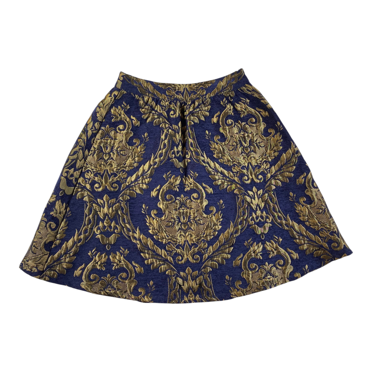 Digg It Thrift & Vintage royal blue and gold metallic baroque brocade A-line skirt with intricate floral patterns