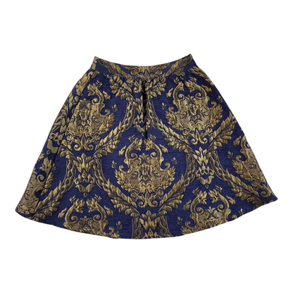 Digg It Thrift & Vintage royal blue and gold metallic baroque brocade A-line skirt with intricate floral patterns