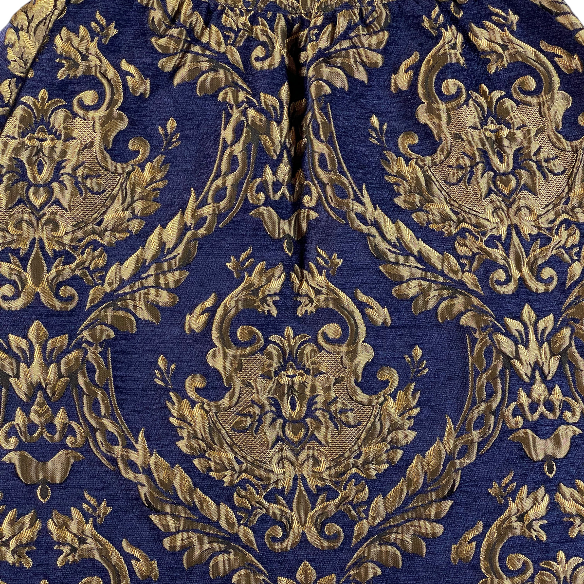 Digg It Thrift & Vintage royal blue and gold metallic baroque brocade skirt fabric with intricate floral patterns