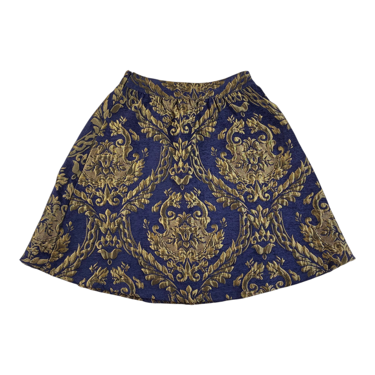 Digg It Thrift & Vintage royal blue and gold metallic brocade skirt with intricate baroque floral pattern