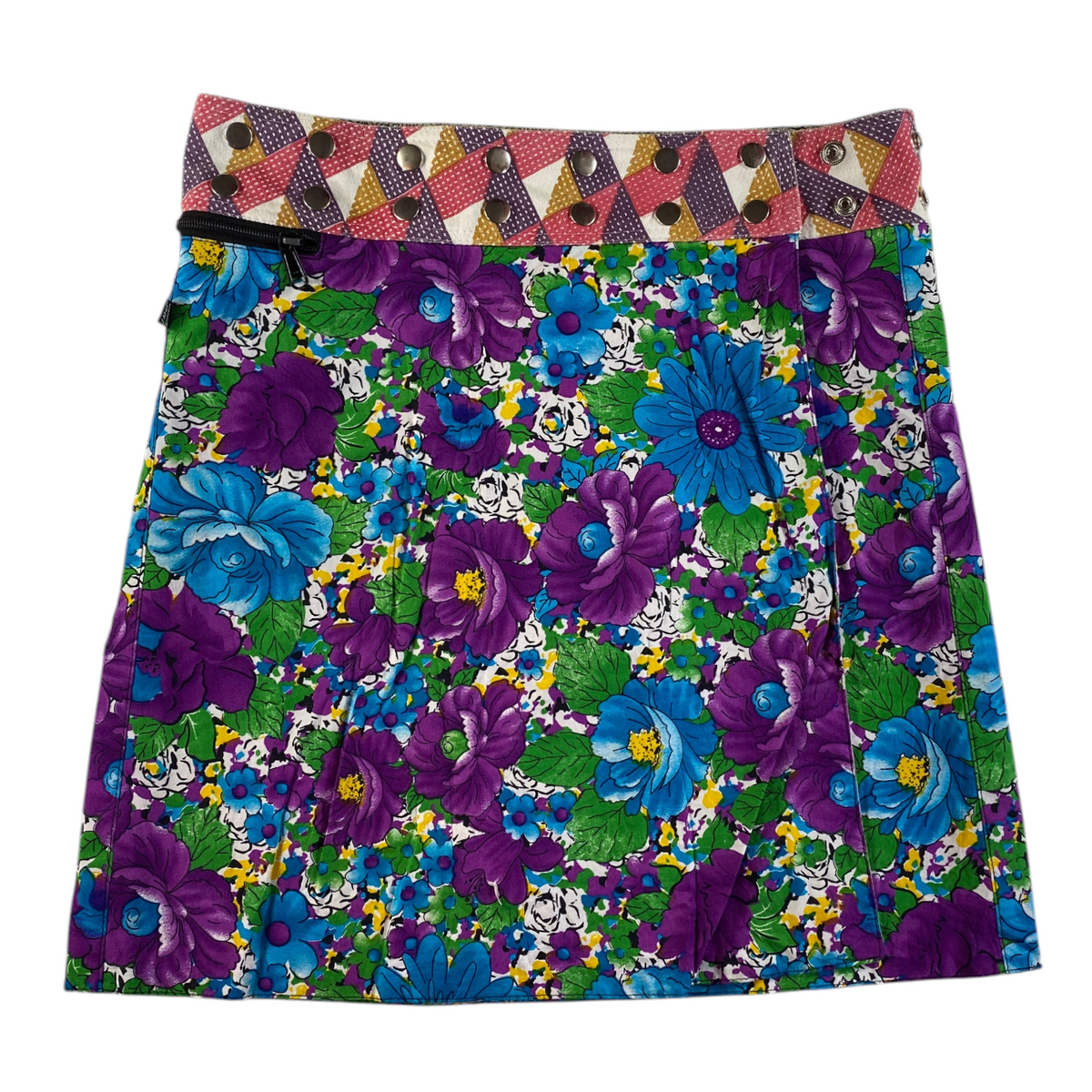 Digg It Thrift & Vintage reversible floral and butterfly print snap-wrap mini skirt in purple and blue