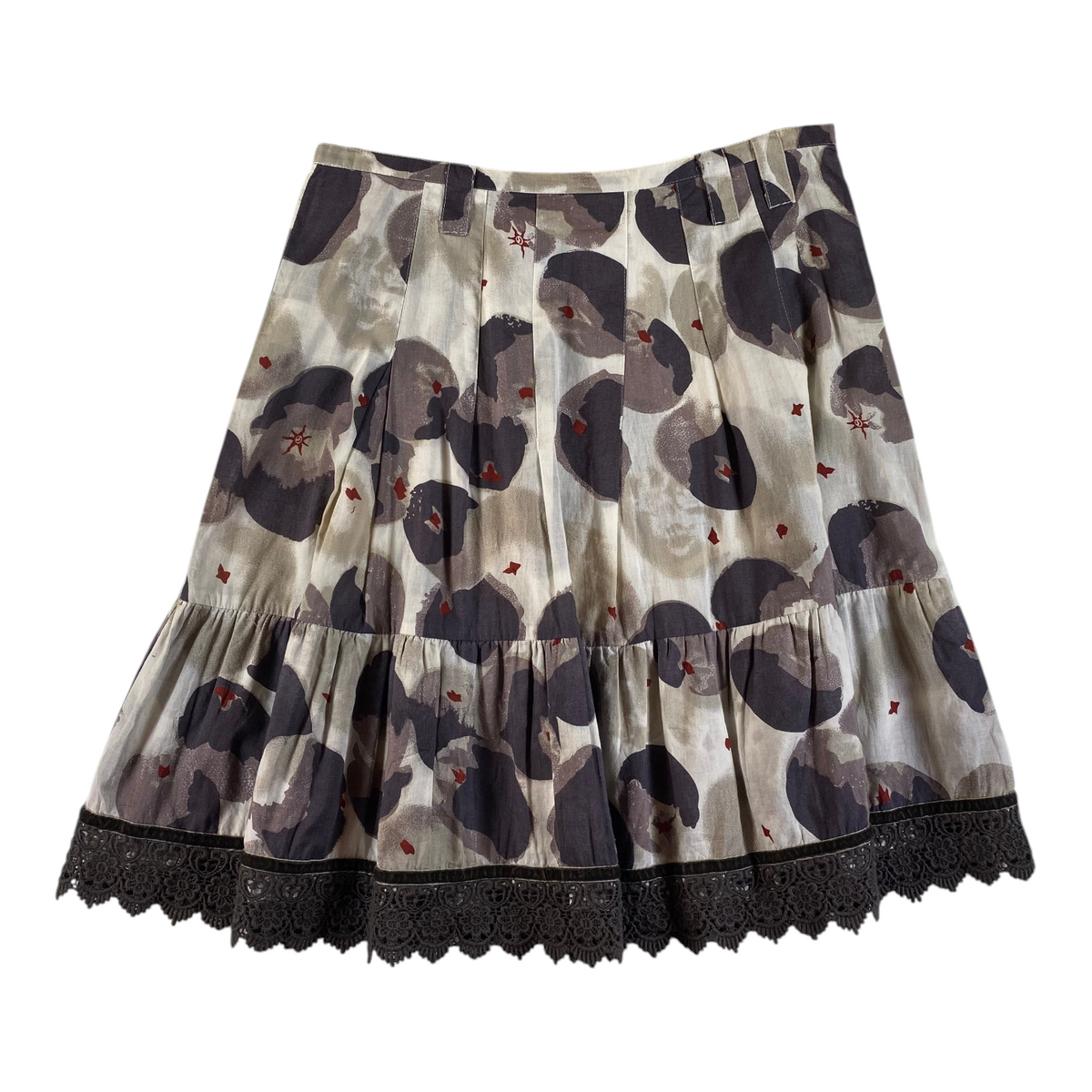 Digg It Thrift & Vintage abstract floral pleated mini skirt with lace trim and grey and white pattern
