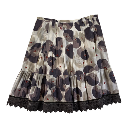 Digg It Thrift & Vintage abstract floral pleated mini skirt with lace trim and grey and white pattern