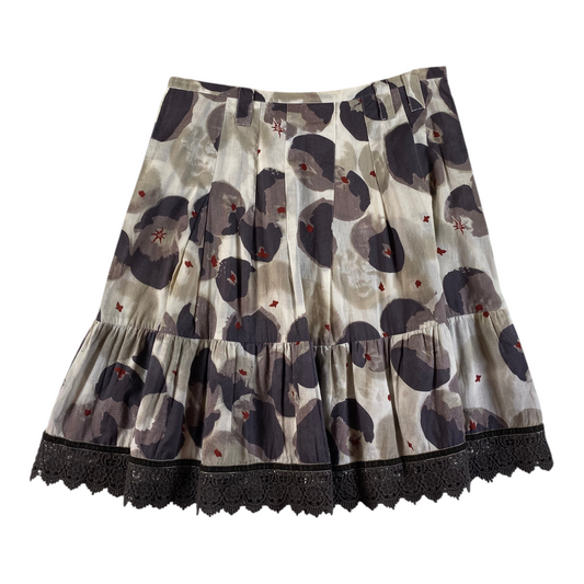 Digg It Thrift & Vintage abstract floral pleated mini skirt with lace trim and grey and white pattern