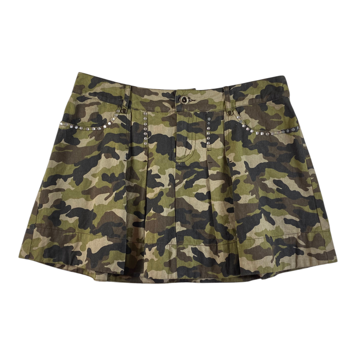 Digg It Thrift & Vintage camouflage pleated mini skirt with rhinestone stud detailing on the front pockets