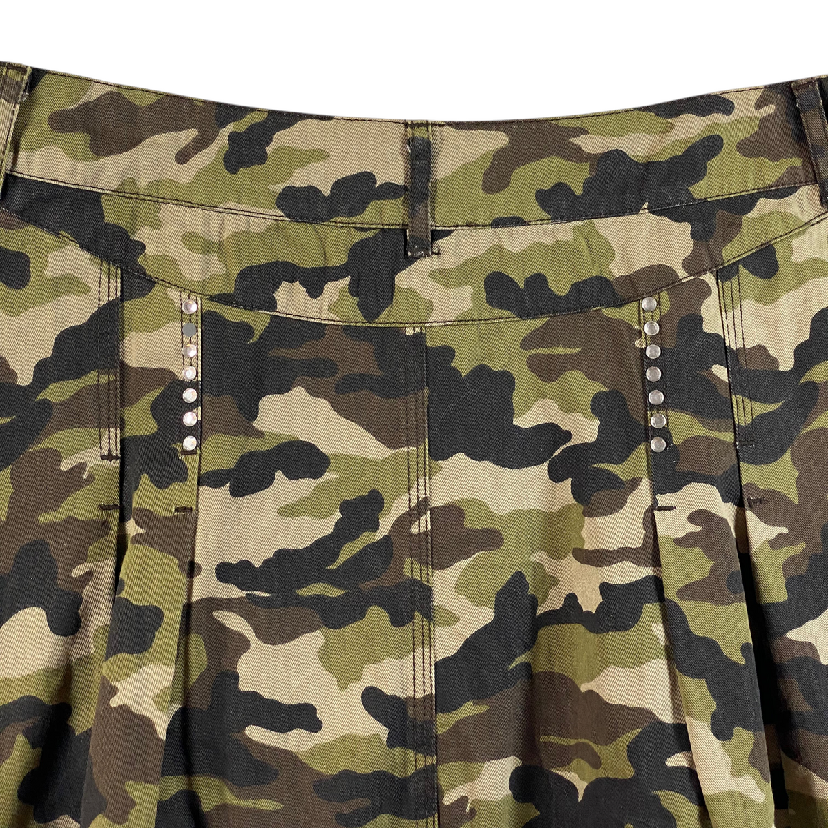 Digg It Thrift & Vintage camouflage pleated mini skirt with rhinestone stud detailing on the front panel