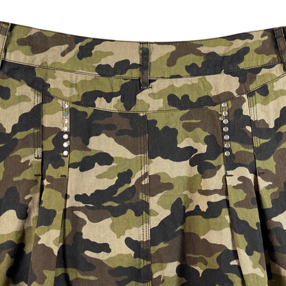Digg It Thrift & Vintage camouflage pleated mini skirt with rhinestone stud detailing on the front panel