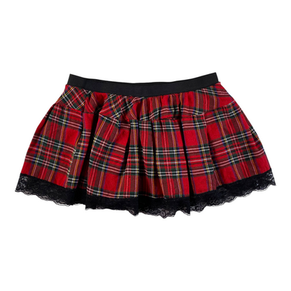 Digg It Thrift & Vintage red plaid pleated mini skirt with black lace trim and elastic waistband