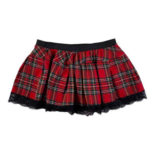 Digg It Thrift & Vintage red plaid pleated mini skirt with black lace trim and elastic waistband