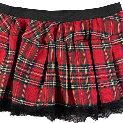 Digg It Thrift & Vintage red plaid pleated mini skirt with black lace trim and elastic waistband