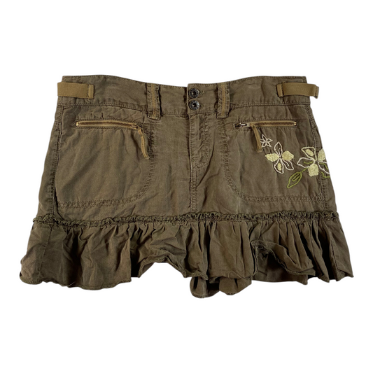 Digg It Thrift & Vintage Guess Jeans olive green utility mini skirt with floral embroidery and ruffle hem