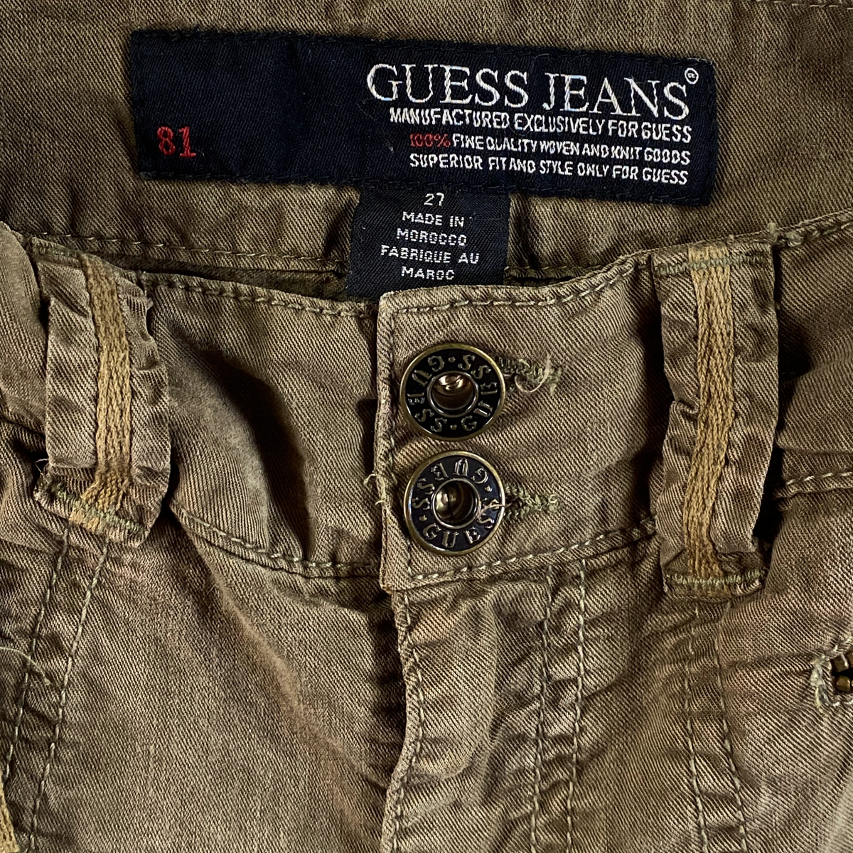 Digg It Thrift & Vintage Guess Jeans utility skirt label and button detail in olive green cotton fabric