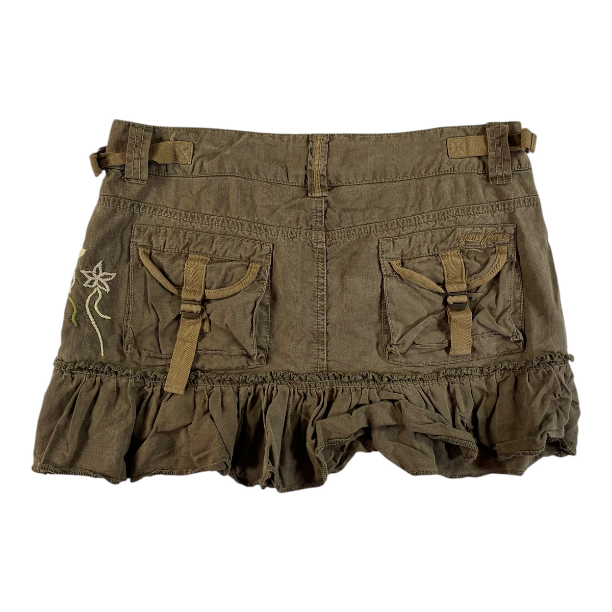 Digg It Thrift & Vintage brown Guess Jeans utility mini skirt with floral embroidery, cargo pockets, and ruffle hem.