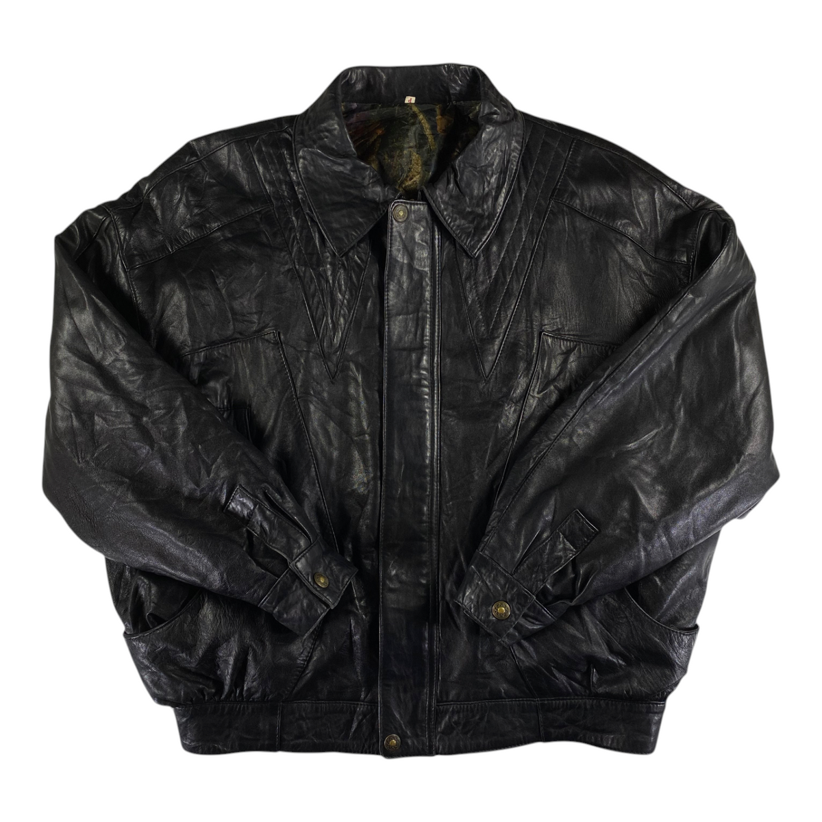 Digg It Thrift & Vintage oversized black Spanish leather bomber jacket with a classic collar and relaxed 3XL fit.