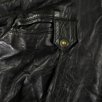Digg It Thrift & Vintage Rojano Barcelona oversized black leather bomber jacket with decorative gold button pocket