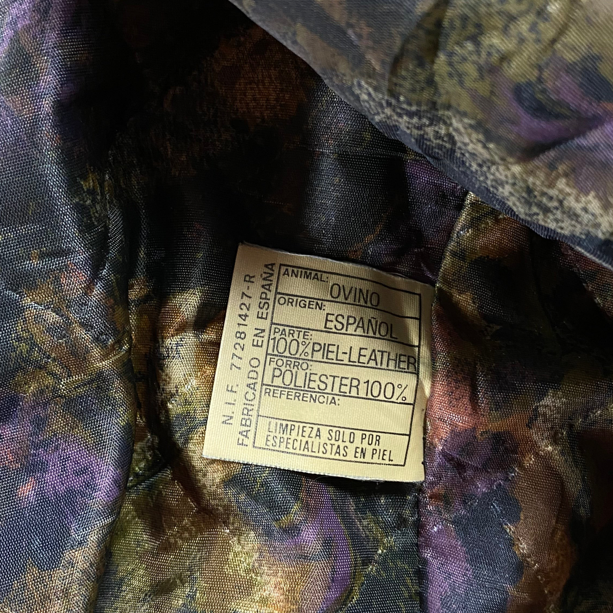 Digg It Thrift & Vintage Rojano Barcelona Spanish leather bomber jacket interior label with floral lining