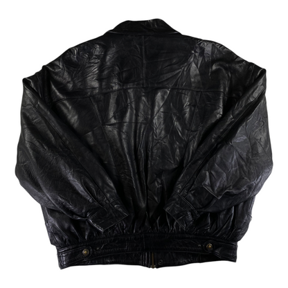 Back view of a black oversized Spanish leather bomber jacket from Digg It Thrift & Vintage, size 3XL