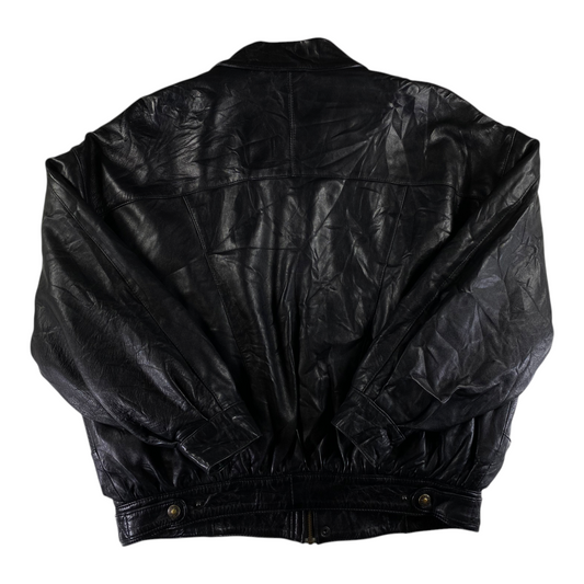 Back view of a black oversized Spanish leather bomber jacket from Digg It Thrift & Vintage, size 3XL