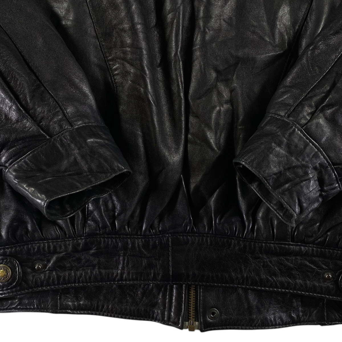 Digg It Thrift & Vintage oversized black Spanish leather bomber jacket with ribbed hem and gold-tone button details