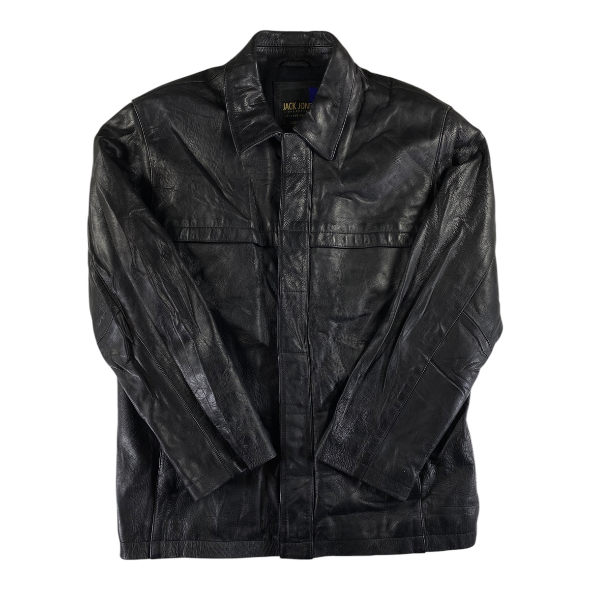 Digg It Thrift & Vintage Jack & Jones Unlimited black leather buttoned jacket with a classic collar
