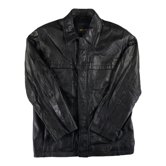 Digg It Thrift & Vintage Jack & Jones Unlimited black leather buttoned jacket with a classic collar