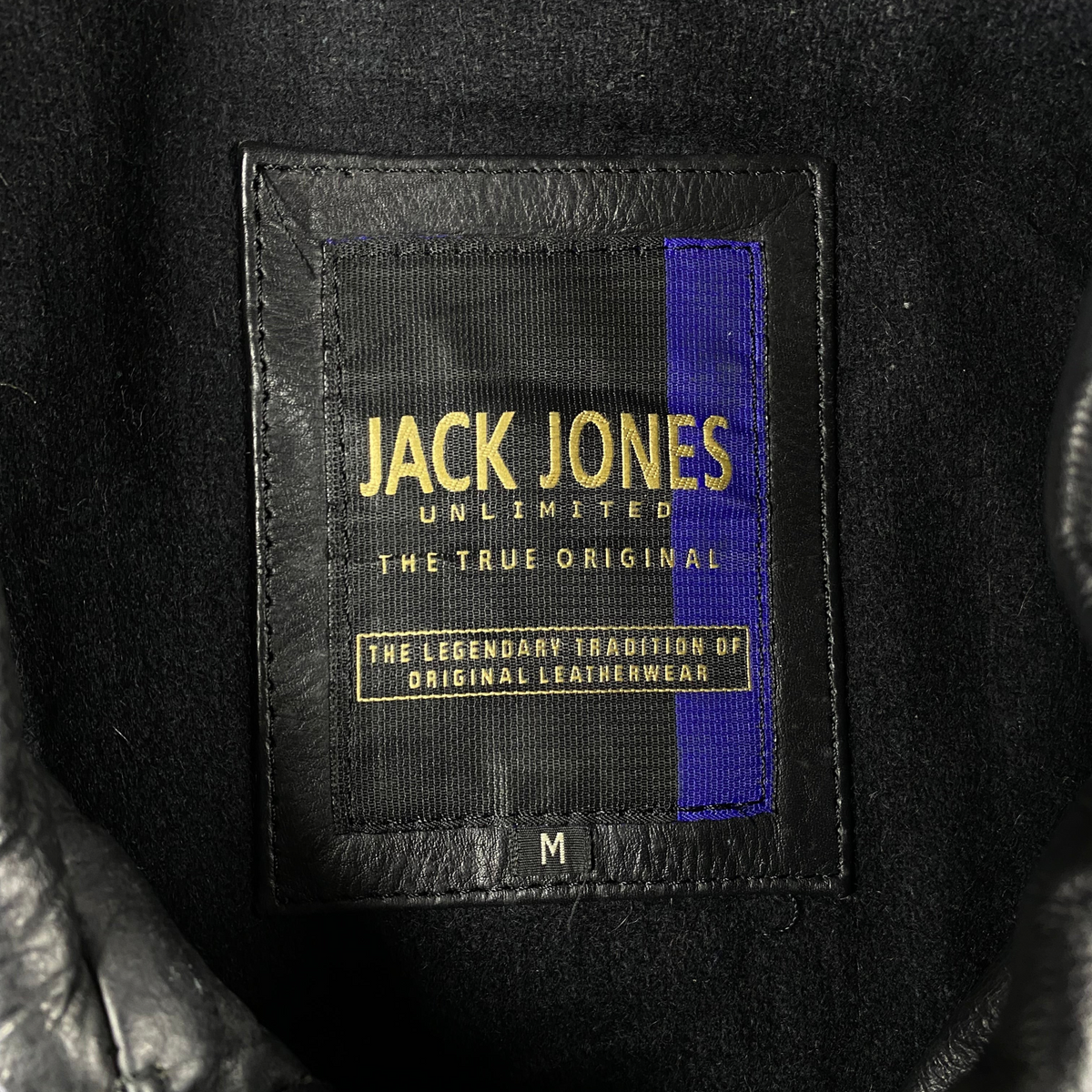 Digg It Thrift & Vintage Jack & Jones Unlimited black leather jacket interior brand label with size M tag