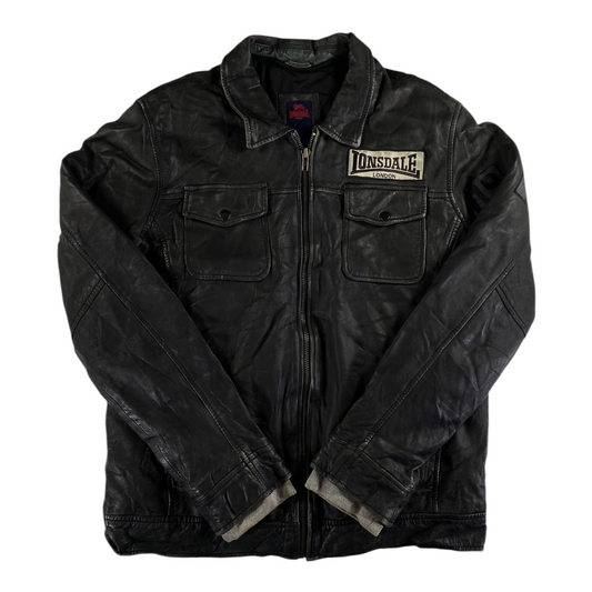 Digg It Thrift & Vintage black distressed leather Lonsdale London moto jacket with chest pockets and graphic patch
