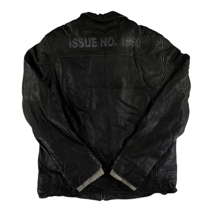 Digg It Thrift & Vintage black distressed leather Lonsdale London moto jacket with back graphic, size large fits XL