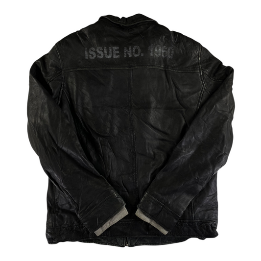 Digg It Thrift & Vintage black distressed leather Lonsdale London moto jacket with back graphic, size large fits XL