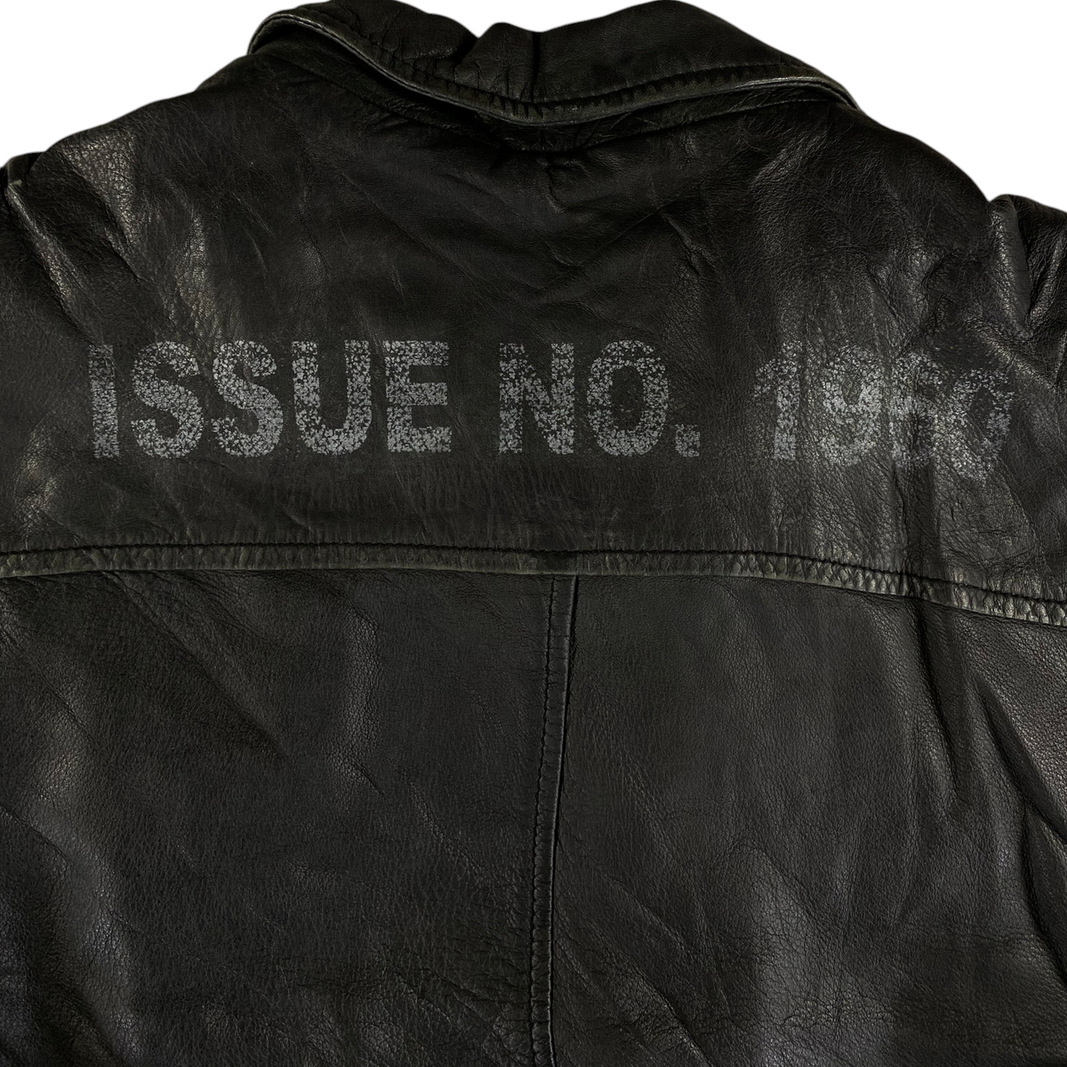Digg It Thrift & Vintage black distressed leather Lonsdale London moto jacket with Issue No. 1960 back graphic