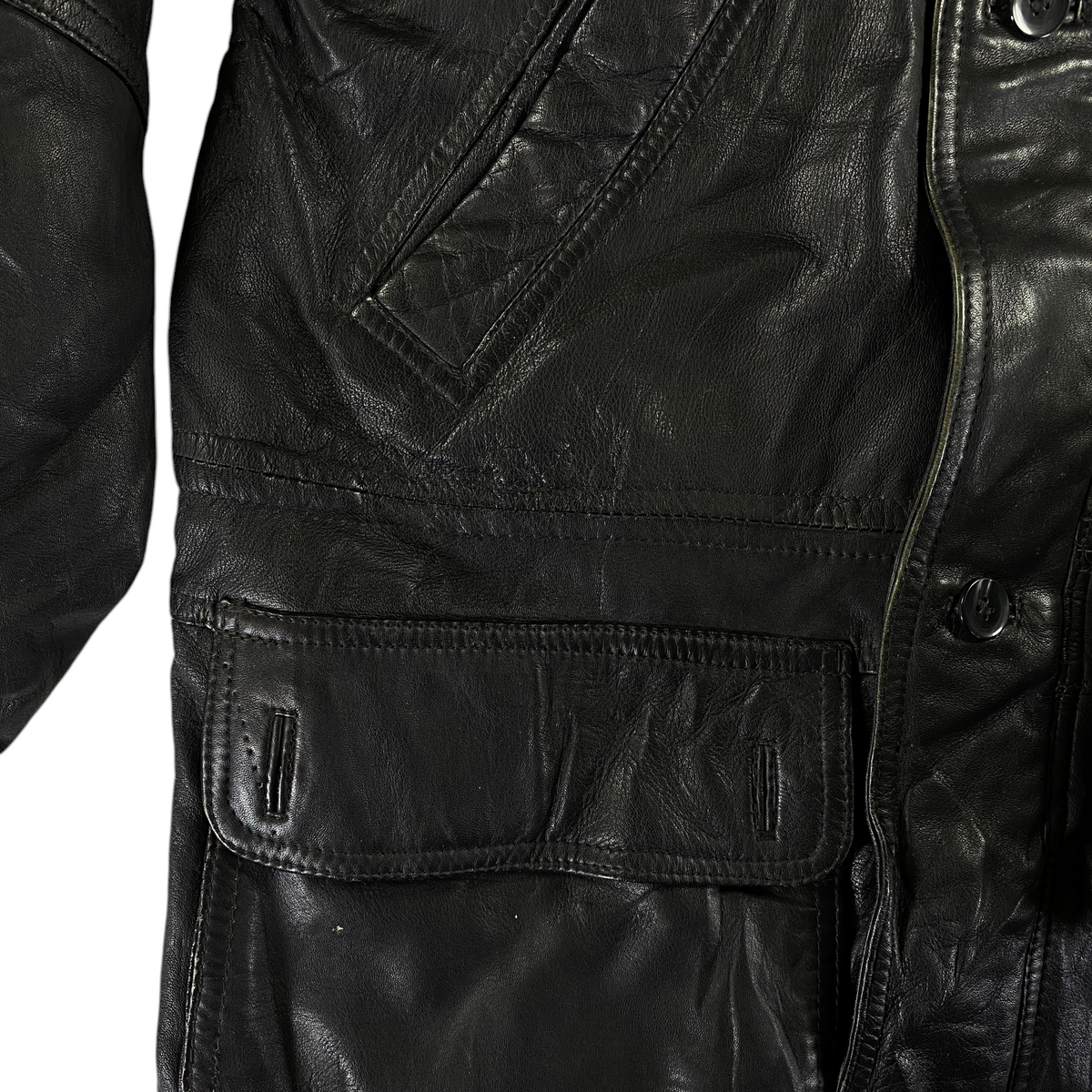 Digg It Thrift & Vintage Articles De Pell black leather field parka jacket with buttoned front pocket detail