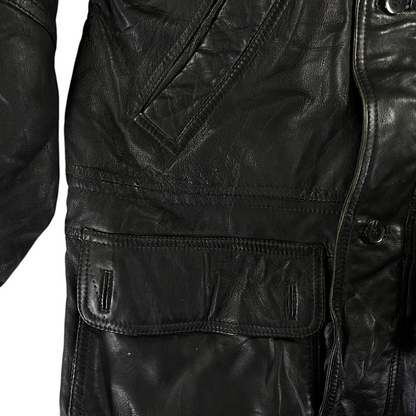Digg It Thrift & Vintage Articles De Pell black leather field parka jacket with buttoned front pocket detail
