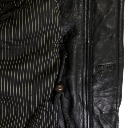 Digg It Thrift & Vintage Articles De Pell black leather field parka jacket with striped lining and drawstring detail