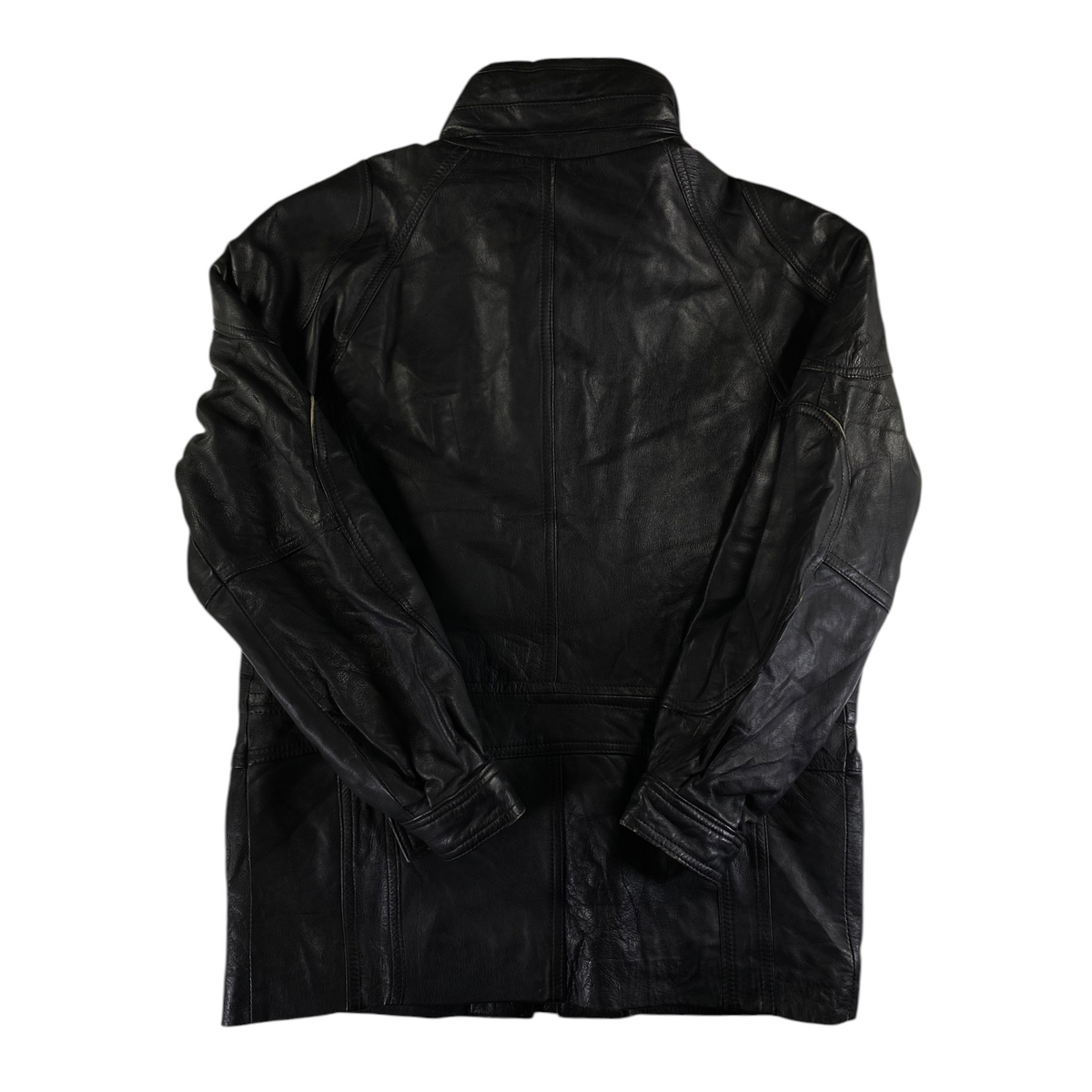 Back view of a Digg It Thrift & Vintage black leather field parka jacket with paneled construction.