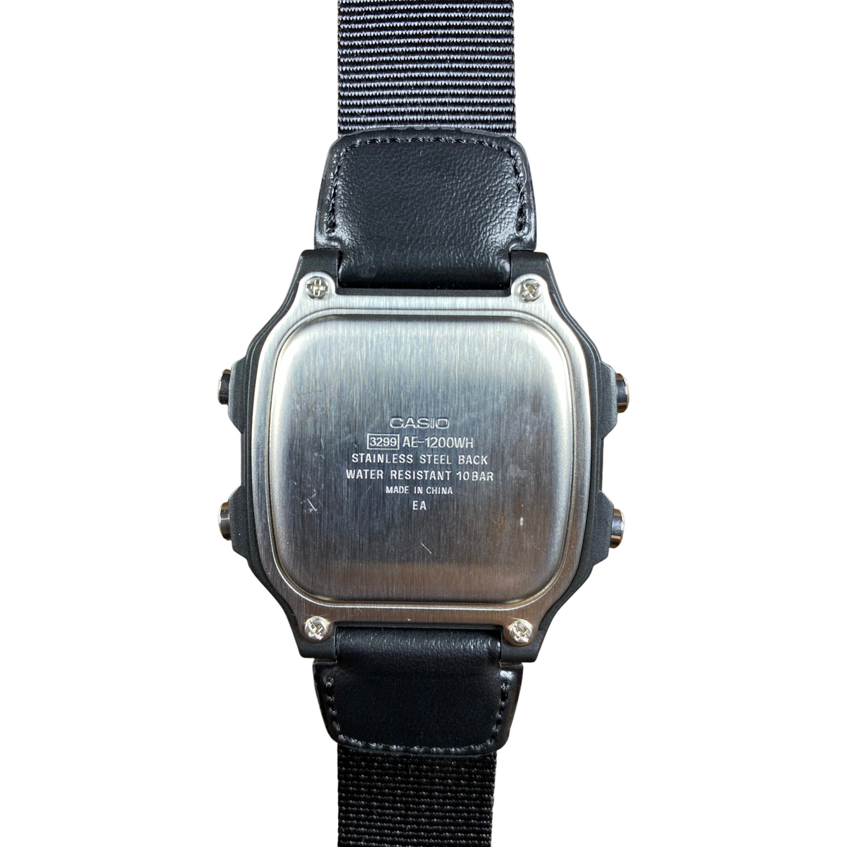 Digg It Thrift & Vintage Casio Royale AE-1200WH watch stainless steel case back with black nylon strap