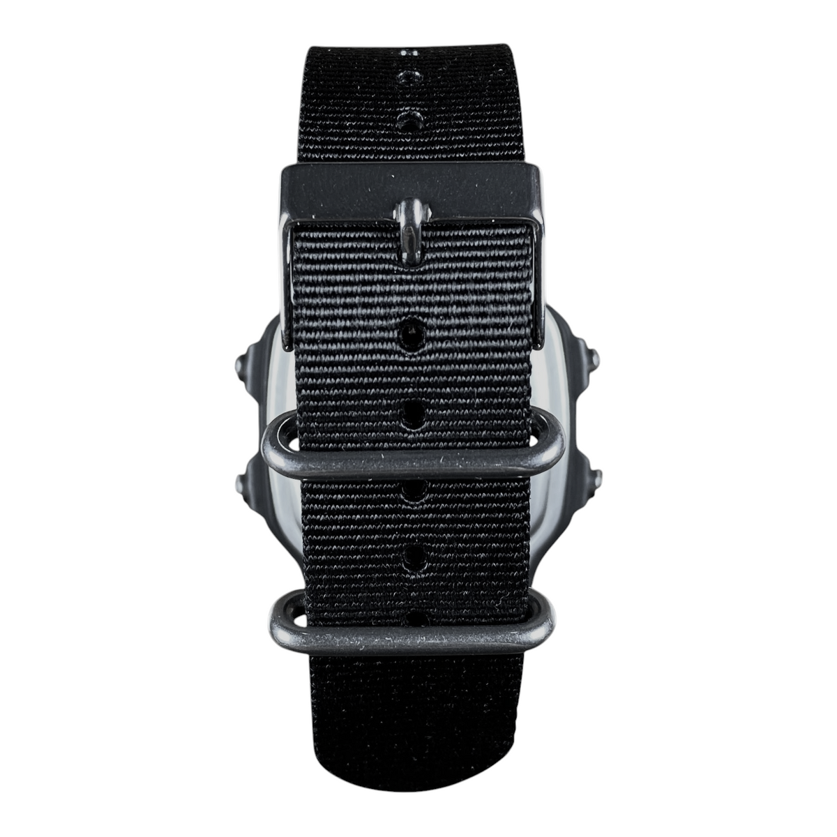 Digg It Thrift & Vintage custom Casio Royale AE-1200WH tactical olive watch with a black nylon strap, back view.