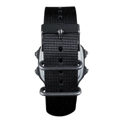Digg It Thrift & Vintage custom Casio Royale AE-1200WH tactical olive watch with a black nylon strap, back view.