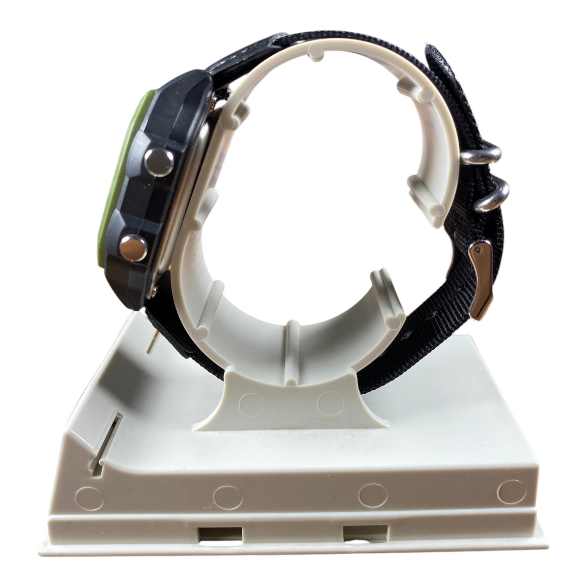 Side view of Digg It Thrift & Vintage custom Casio Royale AE-1200WH Tactical Olive watch with black nylon strap