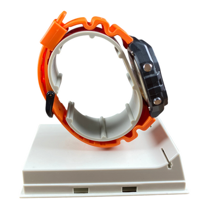 Digg It Thrift & Vintage custom Casio W-218H tactical watch with a bright safety orange resin strap and black case