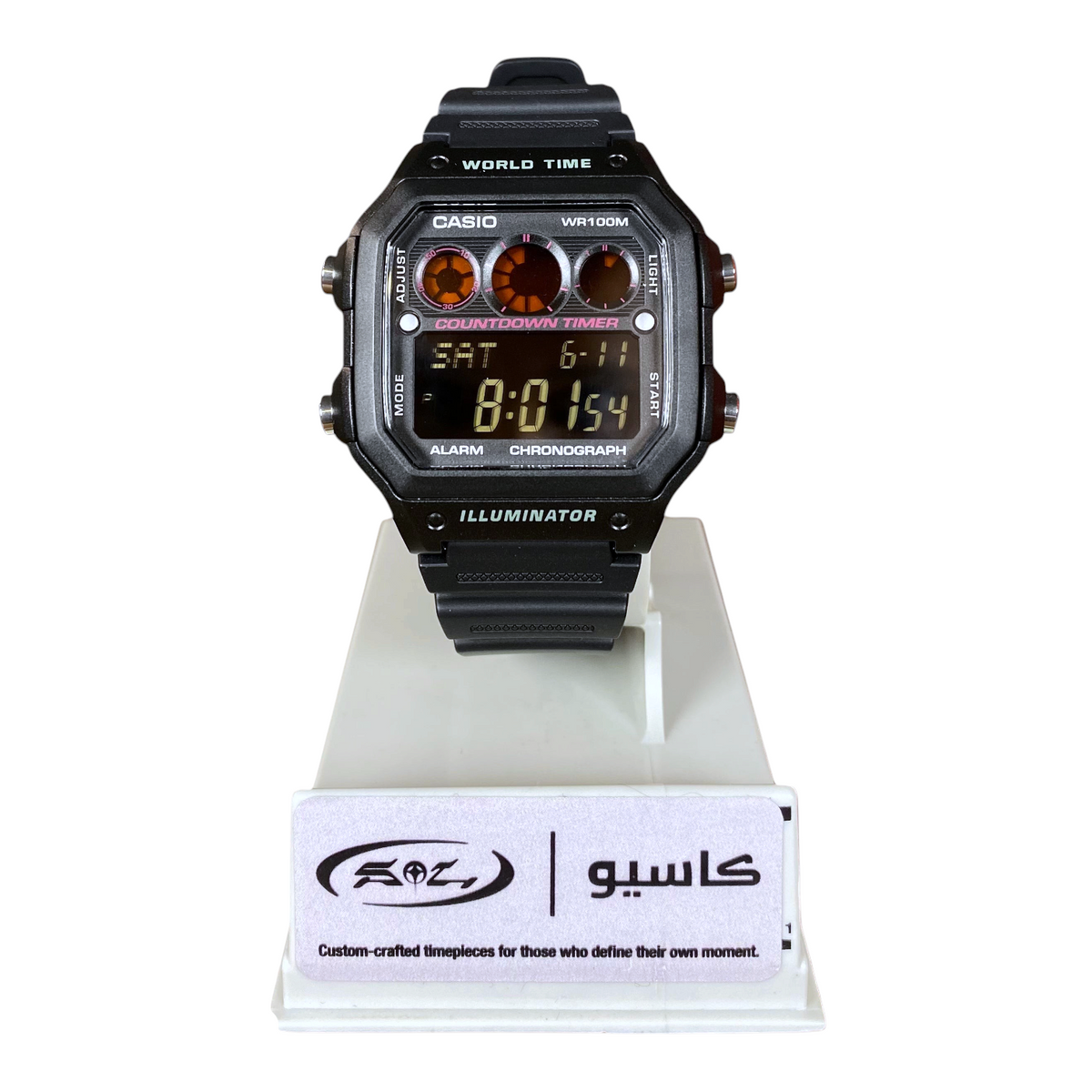 Digg It Thrift & Vintage custom Casio AE-1300WH Stealth Reactor digital watch with black resin strap and HUD display