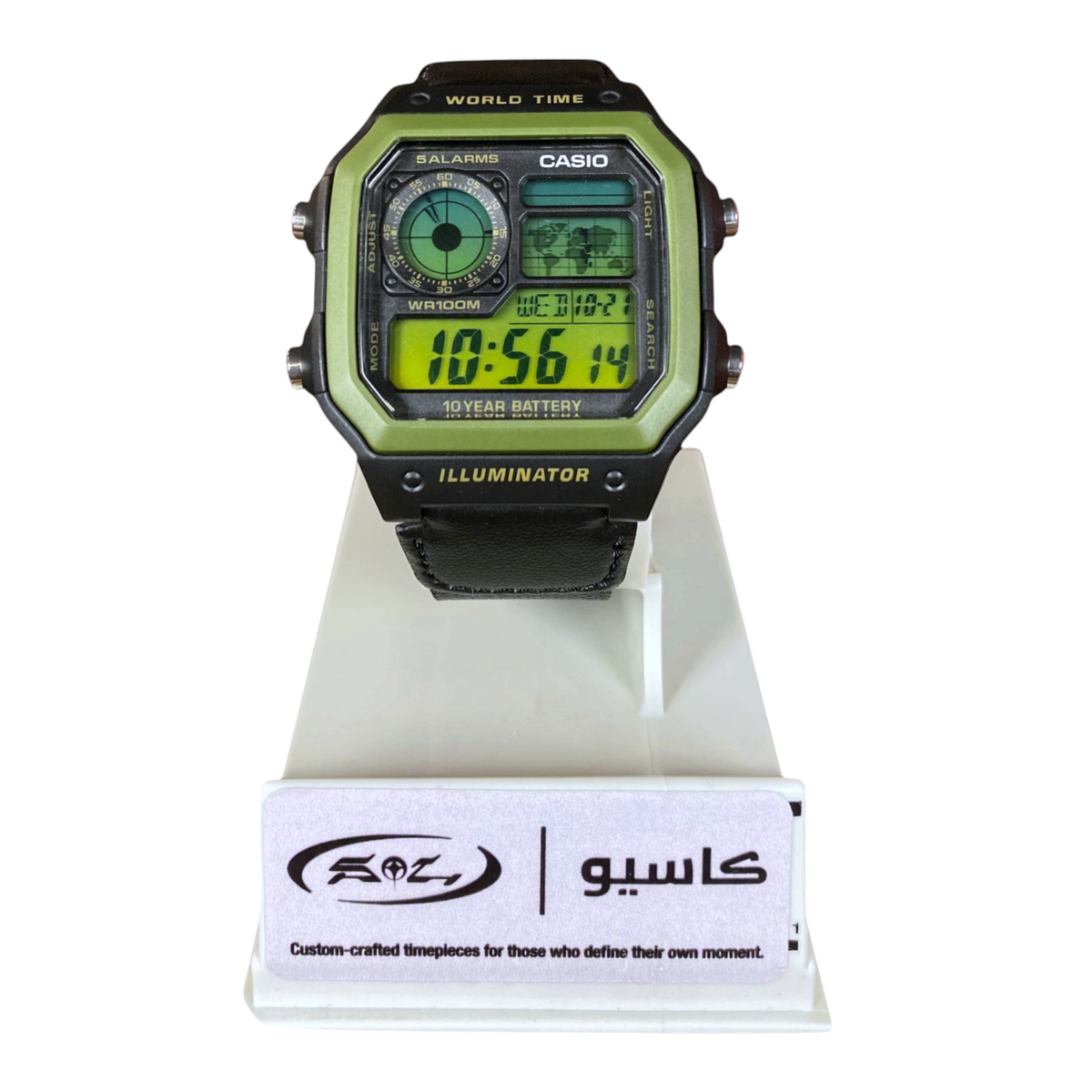 Digg It Thrift & Vintage custom Casio Royale AE-1200WH tactical olive watch with digital display and black strap