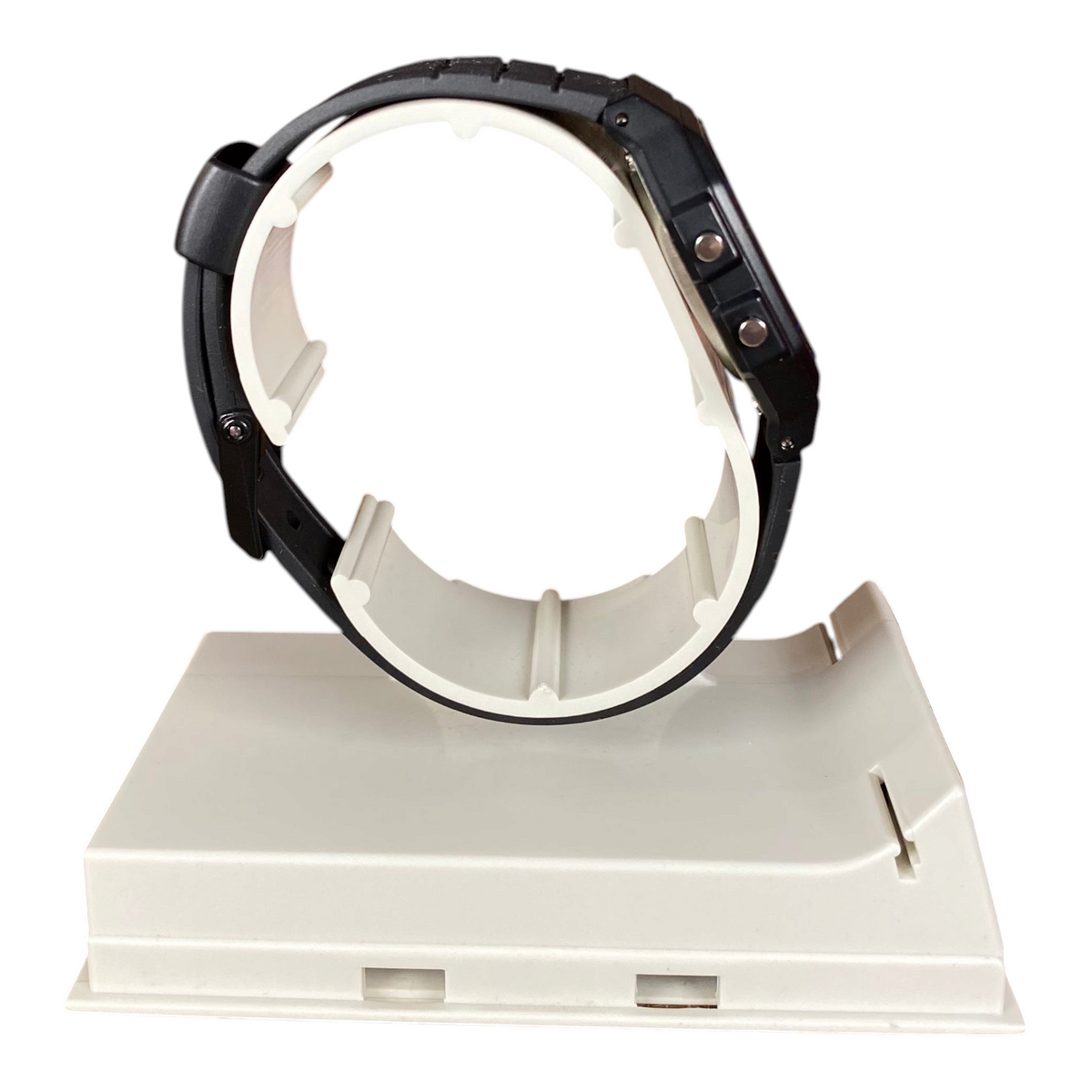 Digg It Thrift & Vintage custom Casio F-91W Crimson Stealth watch with black resin strap on a white display stand