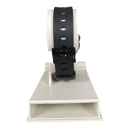 Digg It Thrift & Vintage custom Casio F-91W Crimson Stealth watch with black resin strap, rear view on display stand