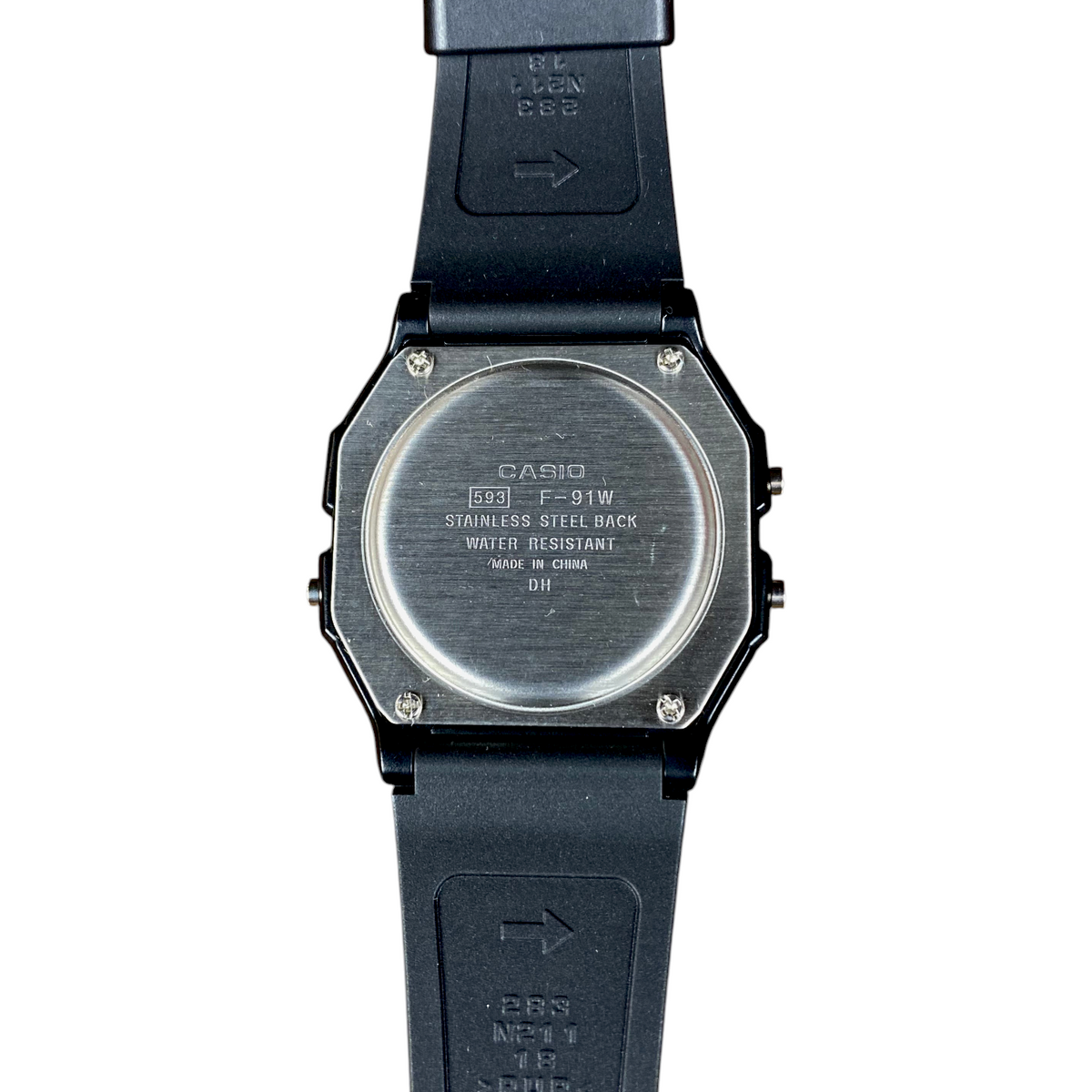 Digg It Thrift & Vintage custom Casio F-91W watch back case with stainless steel plate and black resin strap