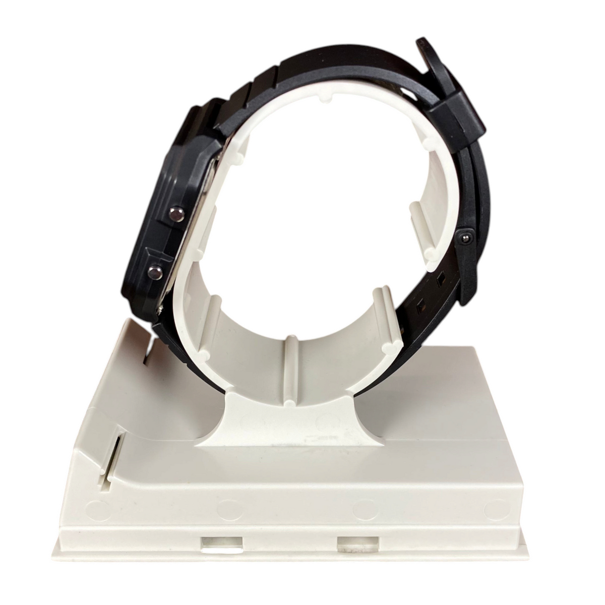 Digg It Thrift & Vintage custom Casio LF-20W Twin Graph Stealth watch with black resin strap on a white display stand