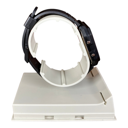 Digg It Thrift & Vintage custom Casio LF-20W Twin Graph Stealth watch with inverted display, side view on stand