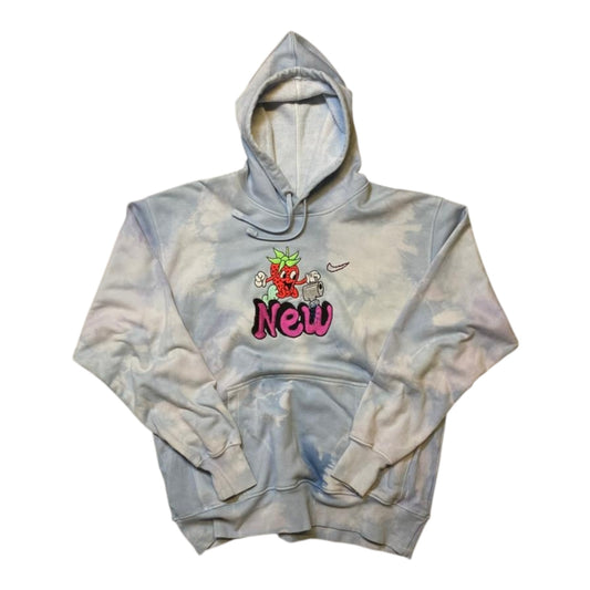 100% New Strawberry Embroidered Blue Dye Hoodie