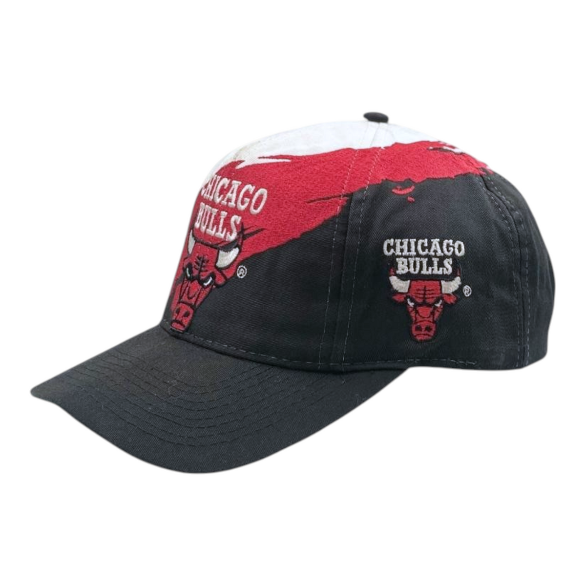 Digg It Thrift & Vintage 90s Chicago Bulls wool snapback cap with black crown and red and white splash graphic