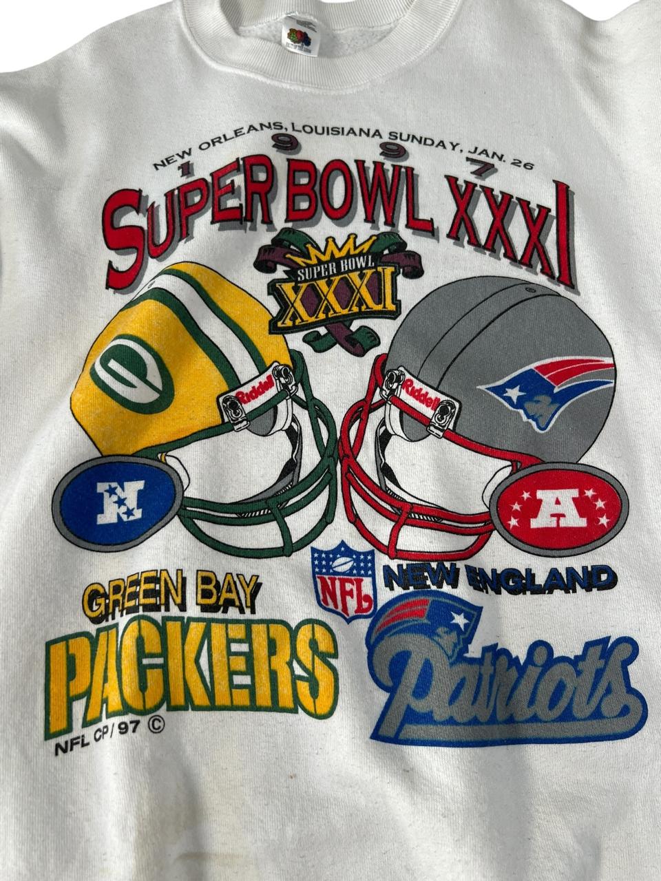 Vintage 90s Super Bowl XXXI Football New England Patriots Vs GB Packers NFL American Football Sweater